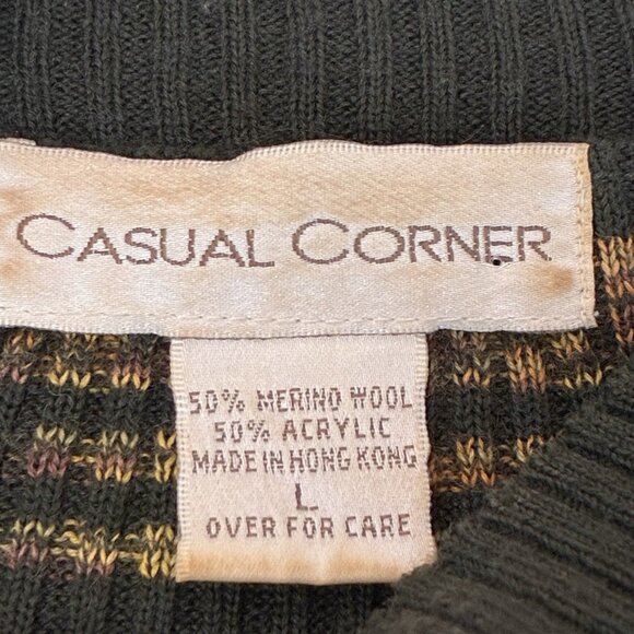 Vintage Casual Corner Merino Wool Blend Sweater 70’s Vibe Green Stripe Mock Neck - Picture 2 of 9